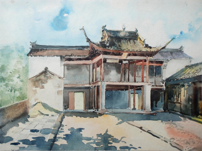 朱保良：苏州城西司徒庙戏台（建筑水彩画，250×330mm）1956