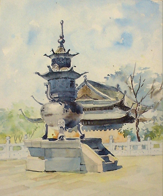 朱保良：苏州宋代玄妙观前的大香鼎（建筑水彩画，265×210mm）1956