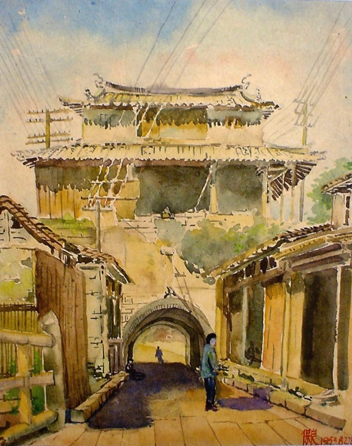 朱保良：嘉定清代西门城楼（建筑水彩画，215×280mm）1953
